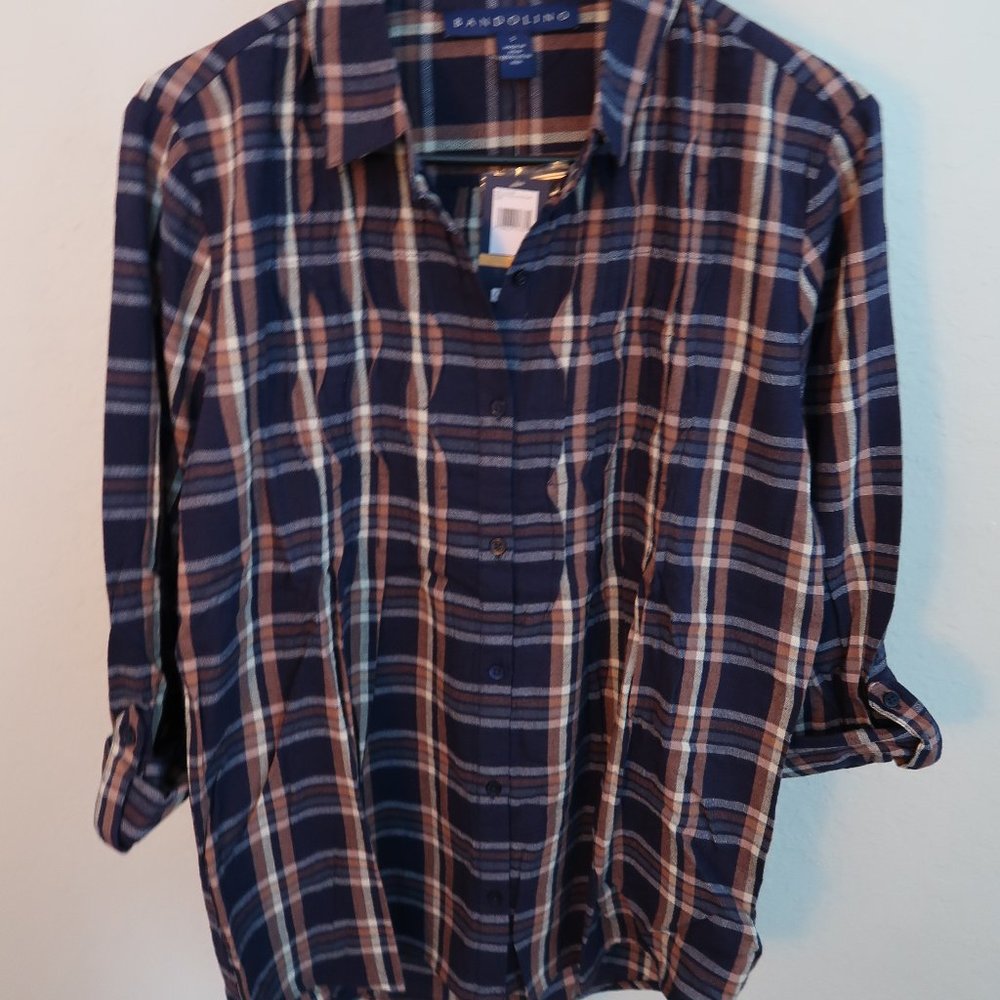 Blue orange Bandolino Pleated Plaid Shirt SMALL